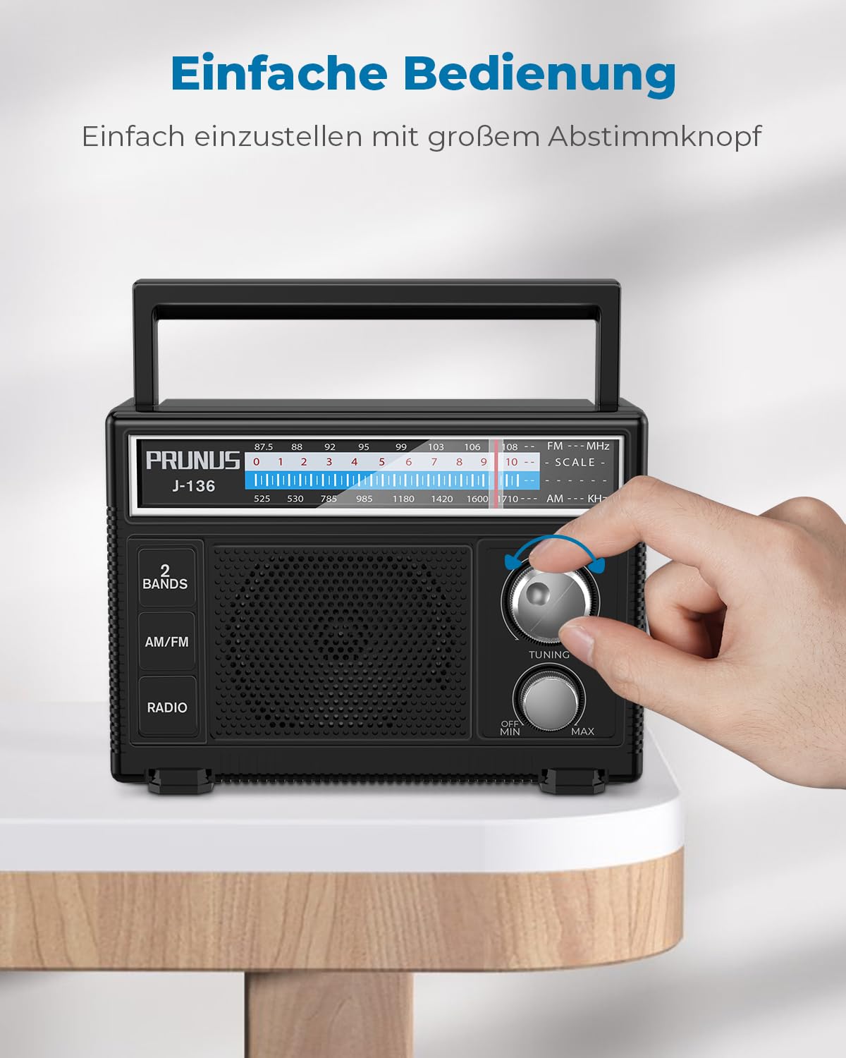 PRUNUS J-136 AM FM UKW Radio Klein, Tragbares Radio Batteriebetrieben oder AC-Strom, Kofferradio mit AUX/Mikrofonanschluss; Einfaches Radios für Senioren.