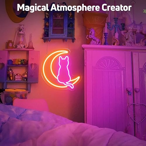 Miniatura 2 de ALVART Letreros de neón LED de dibujos animados con diseño de luna y gato, regulables de 10 x 10 pulgadas, hechos a mano de neón para decoración de