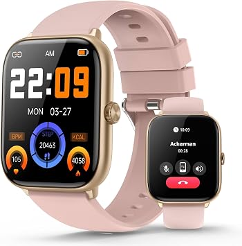 Pink Smart Watch for Women, Bluetooth Call, Blood Pressure, 2.06" AMOLED, 118 Sports, Fitness Tracker, Heart Rate/SpO2/Sleep/Stress Monitor, IP68 Waterproof, Liquid Silicone, Gift for Her Android iOS