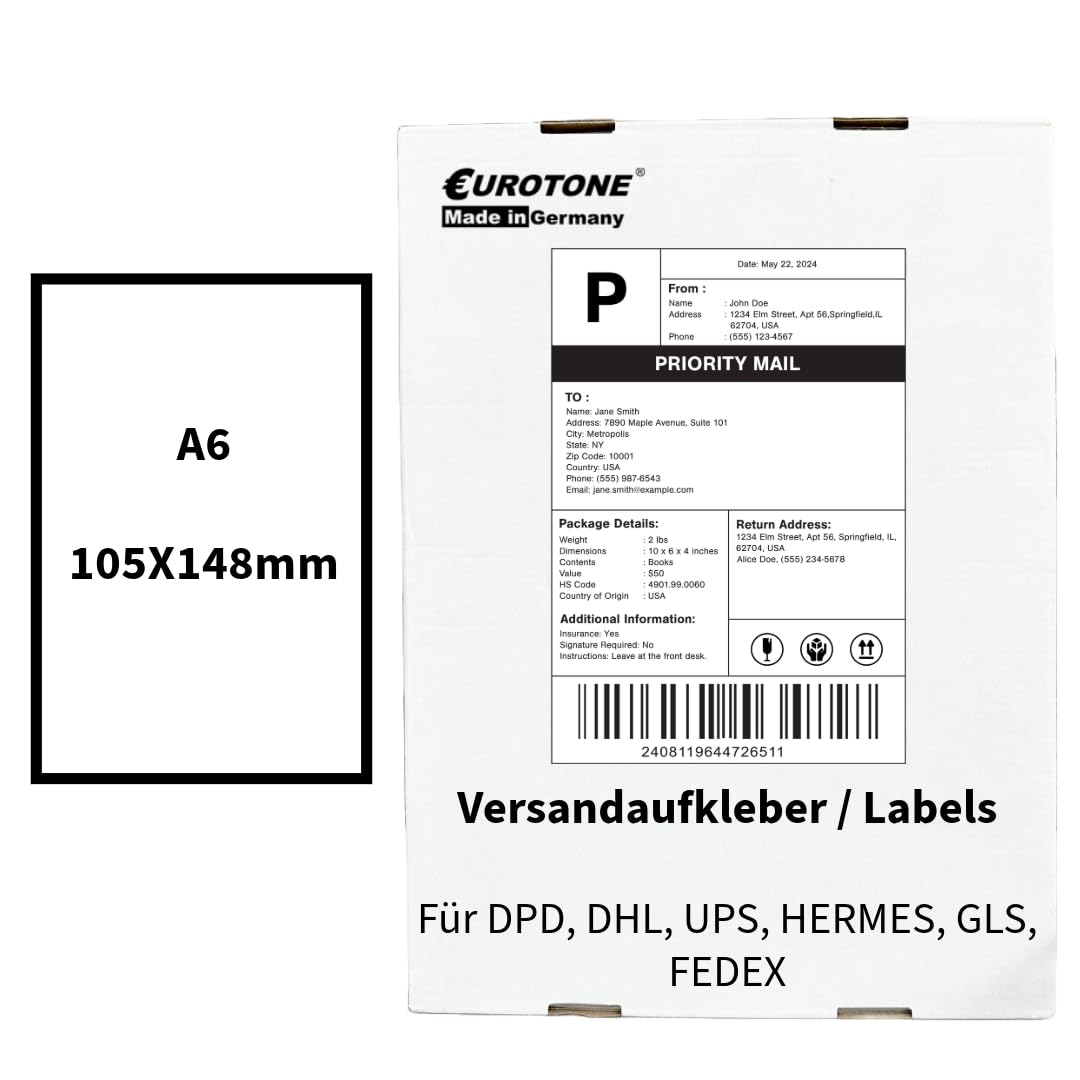 Eurotone Lot de 2000 étiquettes d'expédition sur feuille - 105 x 148 mm - Format A6 - Blanc mat - Compatible avec les imprimantes laser et à jet d'encre - DHL, DPD, Fedex, GLS, Hermes, UPS