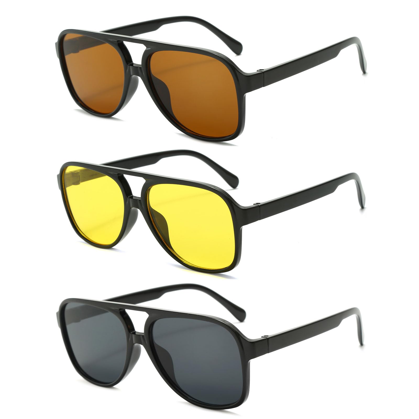 3 Pack Retro Oversized Rectangle - Double Bridge Sunglasses for Women Men Vintage Pilot Square Night Vision UV400 Protection Glasses for Driving