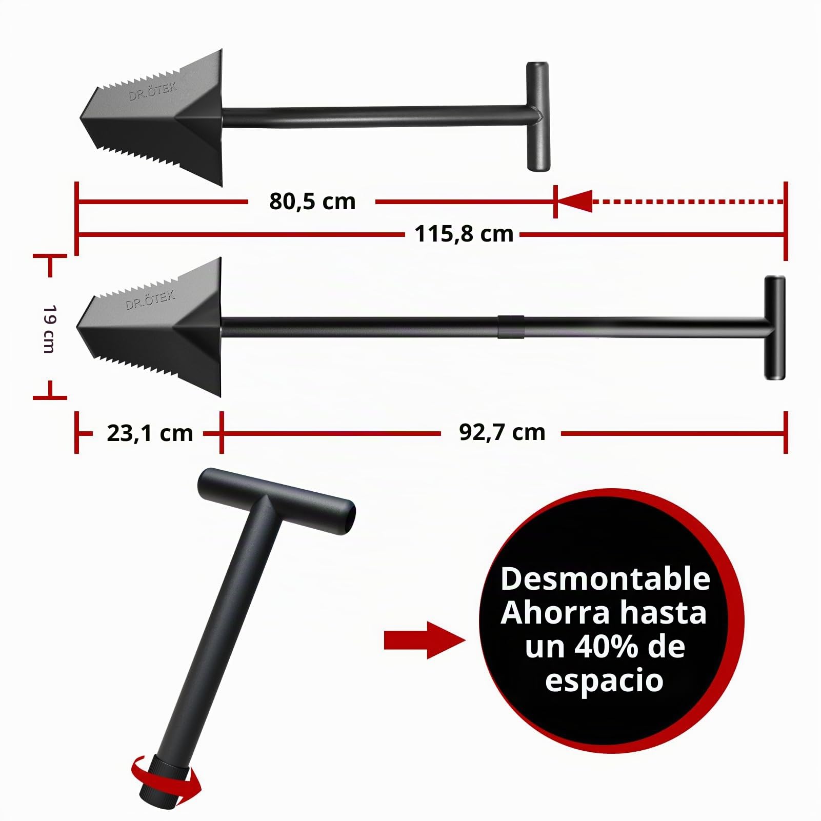 DR.ÖTEK Pala para Cavar, Pala de Jardín Resistente con Mango en T, Cortador de Raíces con Mango Largo y Corto, Herramientas de Jardinería para Detectar Metales, Trasplantar, Acampar, 80 y 116 cm