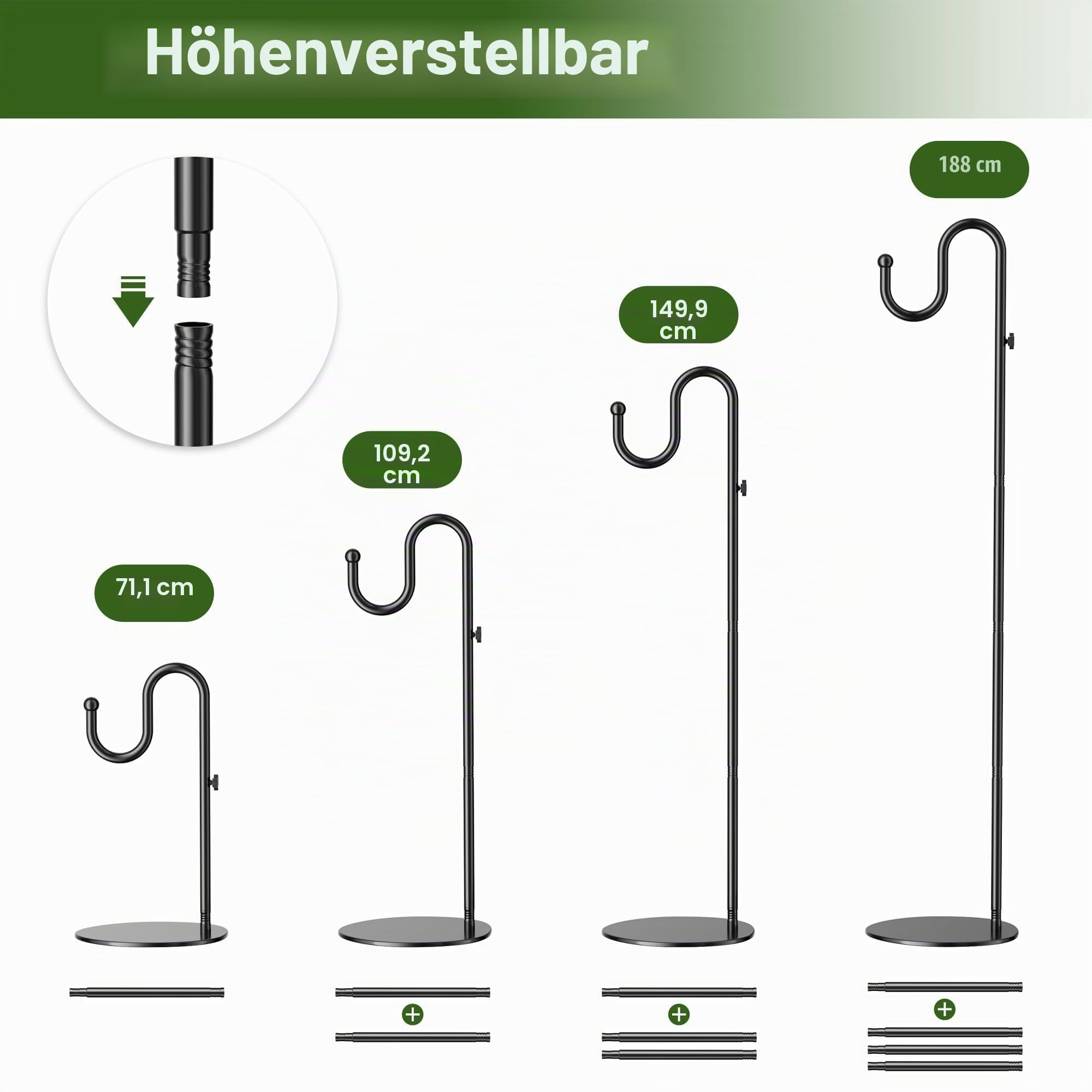 saffruff 188cm Schäferhaken Höhenverstellbar Freistehender Metall-Standhaken Basis für Vogelfutterspender, Blumentöpfe, Windspiele & Laternen, Hochzeitsdekoration - Rostfest Für Innen & Außen