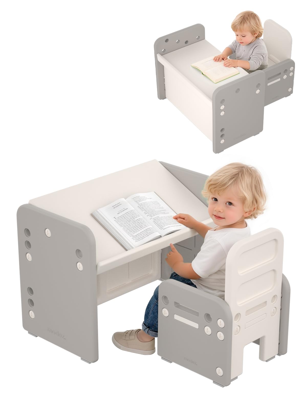 Tavolo per Bambini con Sedia, Set Tavolo e Sedia per Bambini Regolabile in Altezza, Scrivania Trasformabile, Multifunzione per Leggere, Scrivere, Disegnare e Mangiare, Grigio