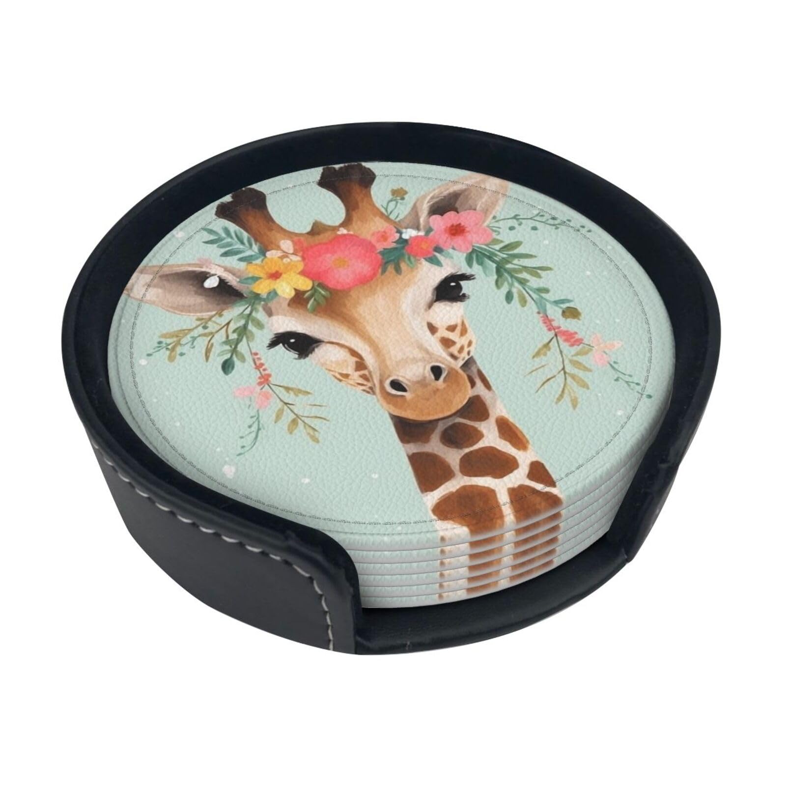 Fodpand White Giraffe With Floral Drink Coasters Set Of 6 Leather Coasters With Holder Bar Beer Beverage Coaster For Drinks, Absorbent Cup Mat For Tabletop Protection, Housewarming Gift