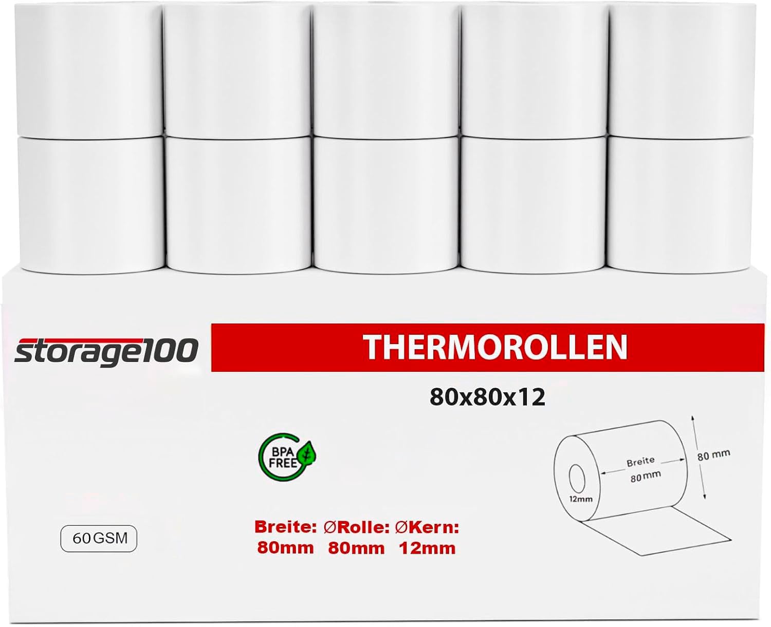 50 Stk.Thermorollen/Bonrollen/Kassenrollen 80mm x 80mm x 12mm BPA frei 60g/ für alle gängigen Thermo Kassen-Bondrucker B: 80mm x Ø80mm