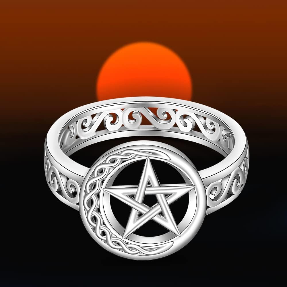 Pentagram Pentacle Ring for Women Celtic Knot Crescent Moon Witch Wiccan Pagan Rings Sterling Silver Protection Amulet Star Pentagram Jewelry Charms