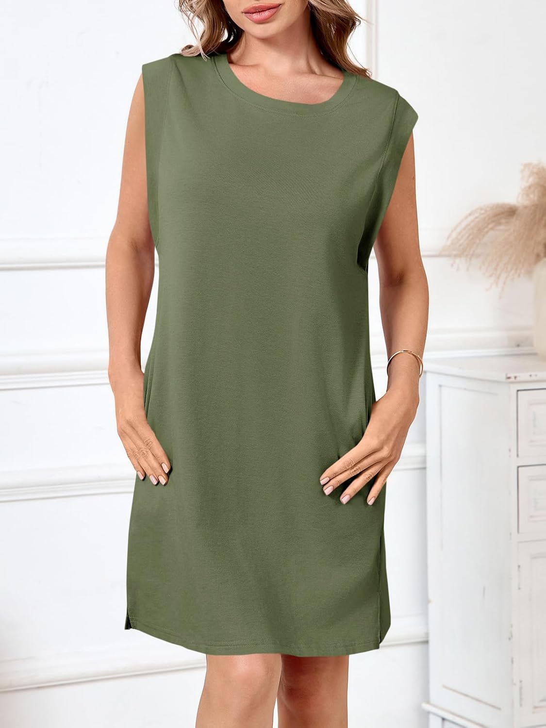 Wenrine Womens Summer Mini Dress Casual Loose Sleeveless Crewneck Slit Basic T Shirt Dresses with Pockets - Image 2