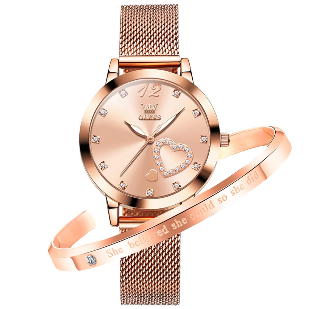 Rose Gold Watch for Women Mesh Strap Fashion Dress Hearts Japanese Quartz Waterproof Luminous Ladies Watches Bracelet Sets