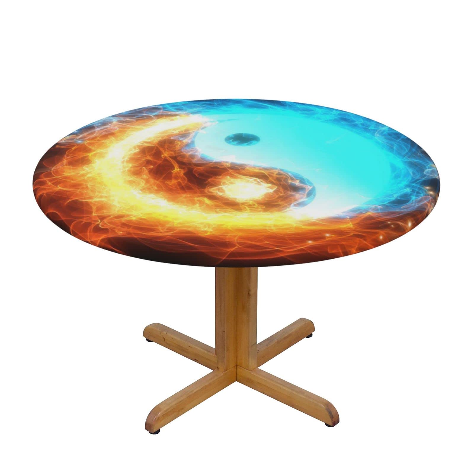 Lsjuee Round Fitted Tablecloth 40-44in Elastic Edged Table Cloth for Kitchen Dining Party Home Decor - Yin Yang Fire Red Blue