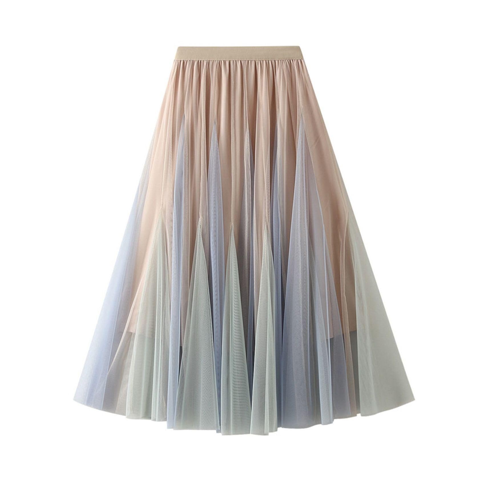 Women’s Tulle Skirts Gradient Ruffle Pleated Mesh Skirt High Waist A-Line Mesh Skirts Party Wedding Guest Tutu Skirts
