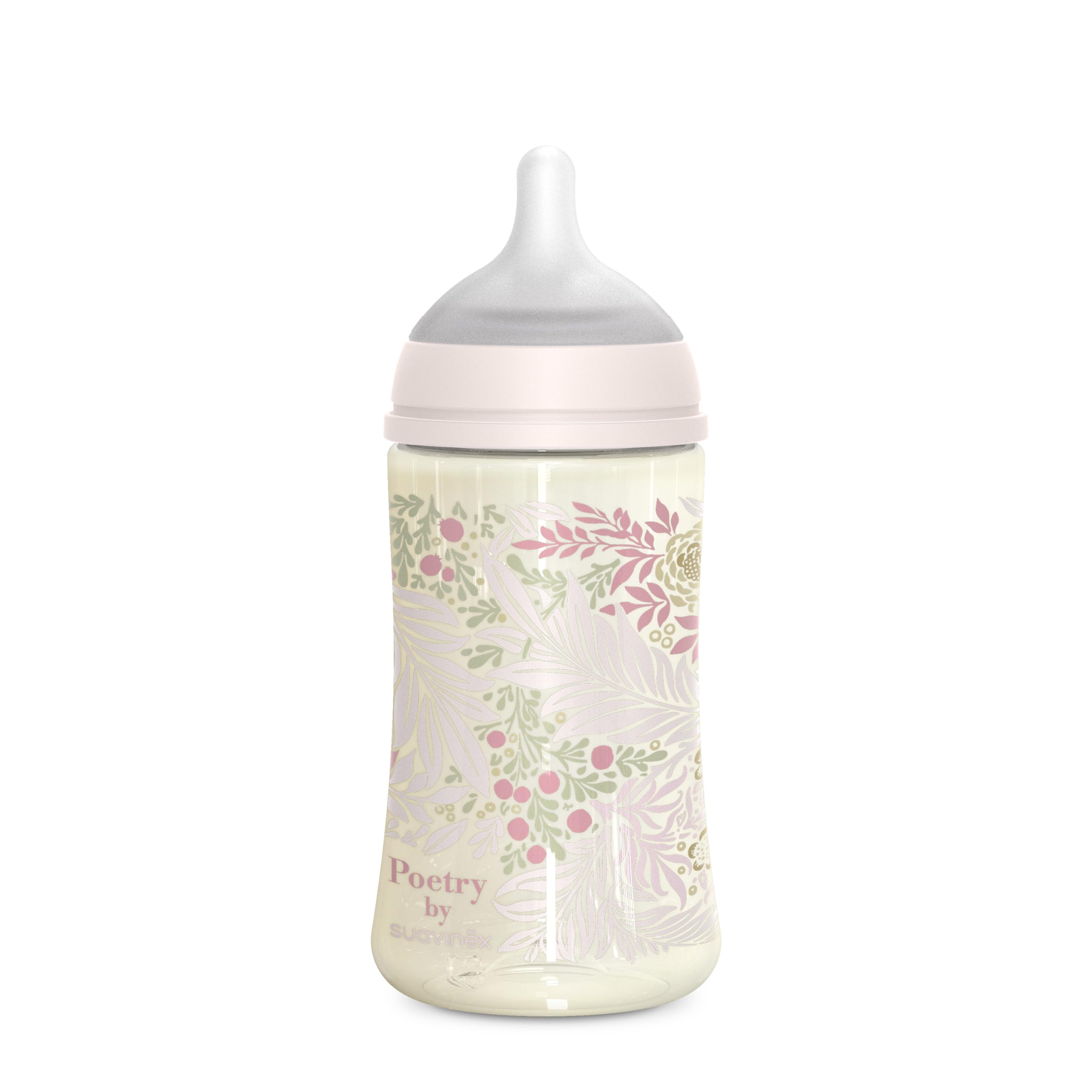 Suavinex, biberon da 270 ml, con tettarella fisiologica SX Pro in silicone, valvola anticolica, flusso medio (M), per liquidi a media densità, latte, succhi o acqua. Neonati +3 mesi. Poetry, Rosa