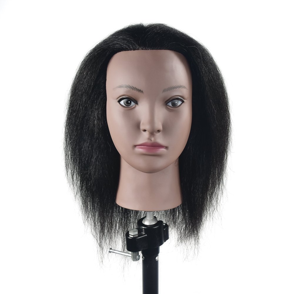 Cabeza de maniquí afro 100 % pelo real, cabeza de peluquería para entrenamiento, maniquí de cosmetología, cabeza de muñeca
