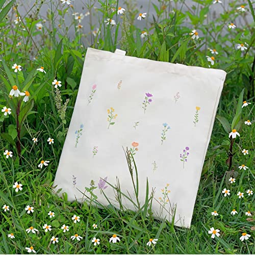 Kazova Floral Cotton Canvas Tote Bag Minimalist Bouquet Aesthetic Tote Bag Reusable Canvas Shopping Wildflower Botanical Flower Tote Bag #TOP4