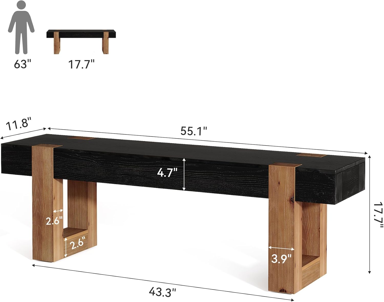 55" Solid Wood Dining Bench, Farmhouse Wooden Entryway Bench, End of Bed Bench, Indoor Bench Seat for Bedroom, Dining Room, Kitchen, Hallway, Black & Brown
