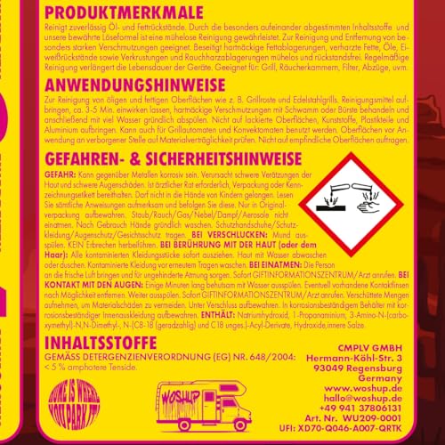 WOSHUP! Grill Bill Grillreiniger in Industriequalität 1000 ml für Gasgrill und Holzkohlegrill, Smoker und Backofen - Entfernt Eingebranntes Ruß Schmutz und Fett (2x1 Liter)