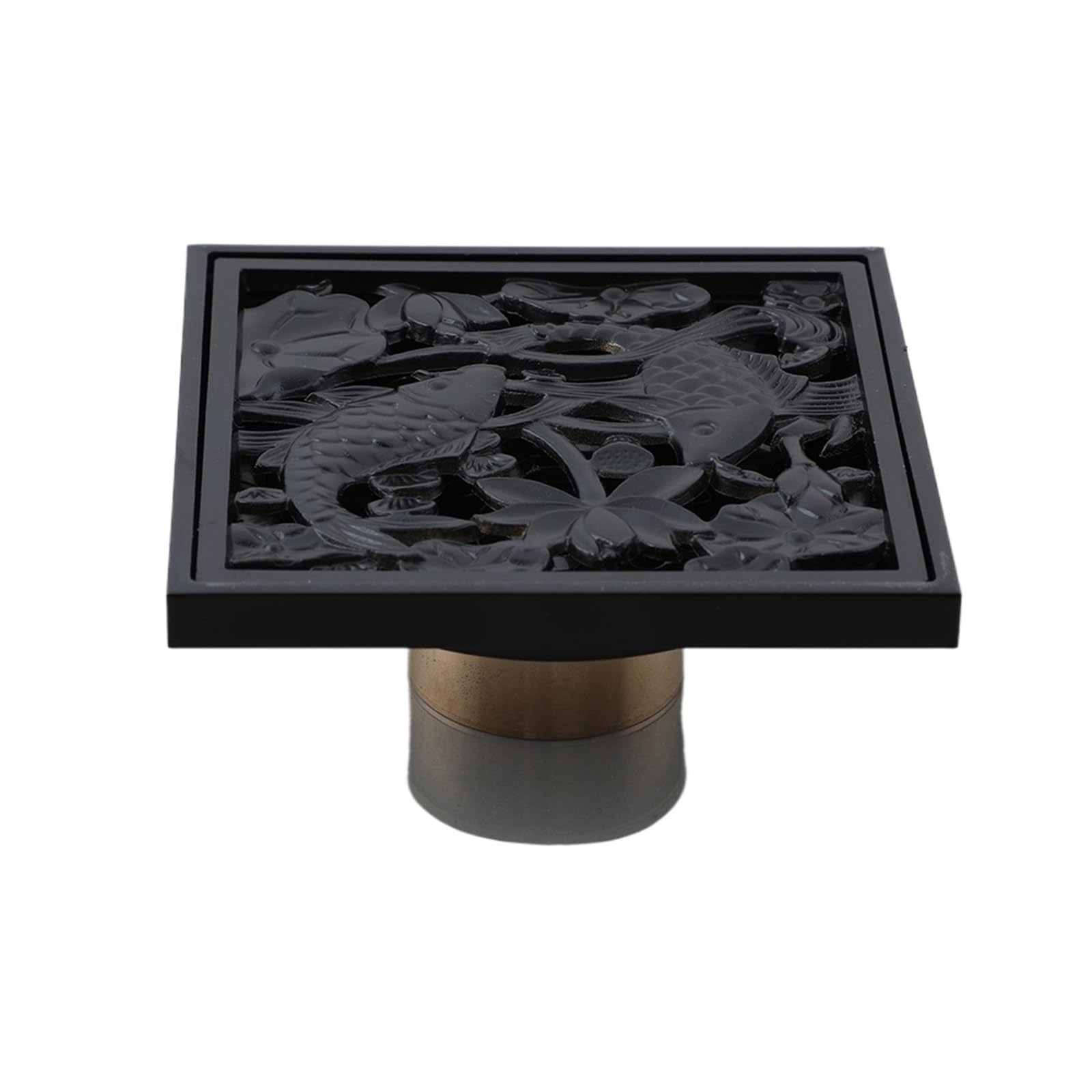 Gulley Grid Shower Drains 10 * 10cm Square Bath Strainer Hair Fish Carved Bathroom Waste Grate Filter Floor Cover(Black)