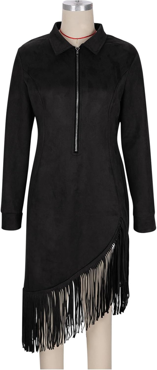2026 Women's Western Cowgirl Suede Dress Vintage Long Sleeve Slim Fit Fringe Dress Formal Dresses with Lapel and Zip - Image 2