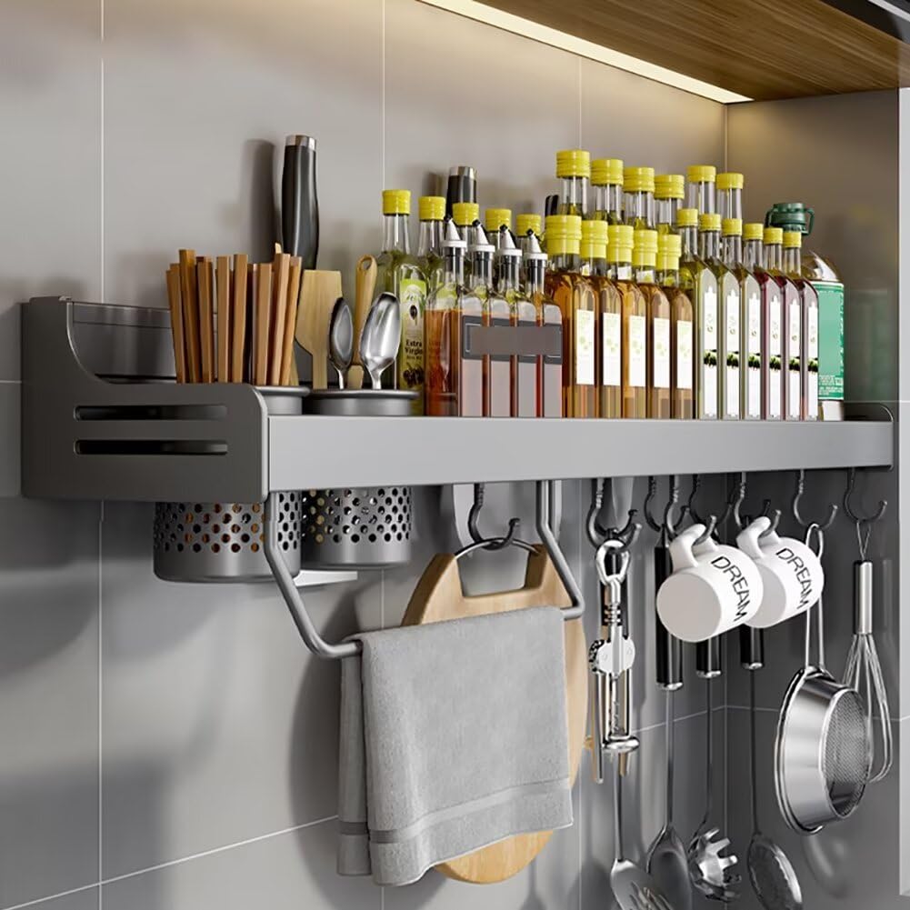 SVFOEBJM Spice Rack Wall Mounted, Kitchen Shelves Organizer for Seasoning Jars, Utensil Storage Shelf with Nail-free Adhesive and Screws
