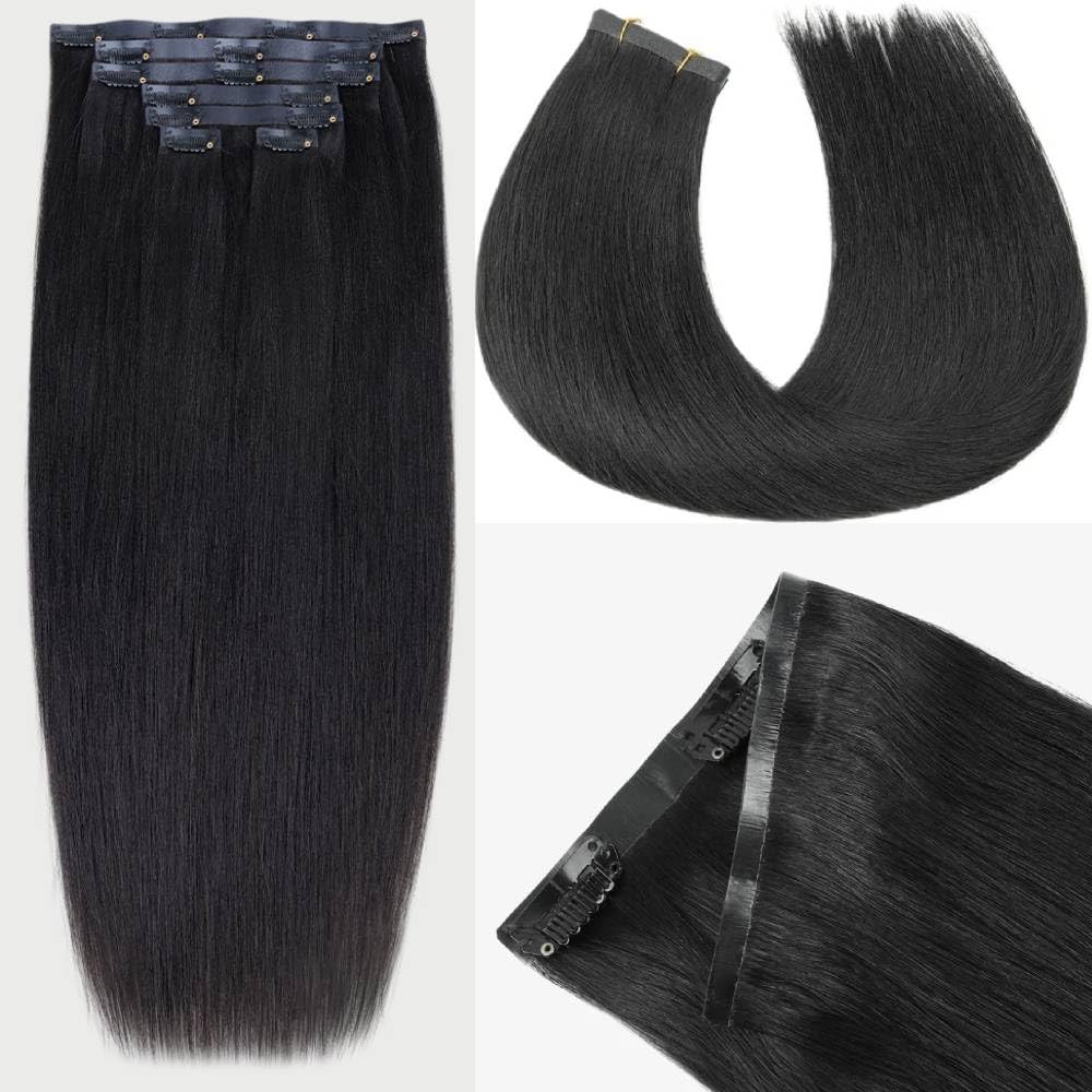 Yaki Straight Seamless Human Hair Clip in Extensions Full Max with 100% Real Soft Human Remy Human Hair Yaki Straight Clip Ins 7Pcs Per Set Natural Black (Yaki Stright, 16Inch) - Image 5