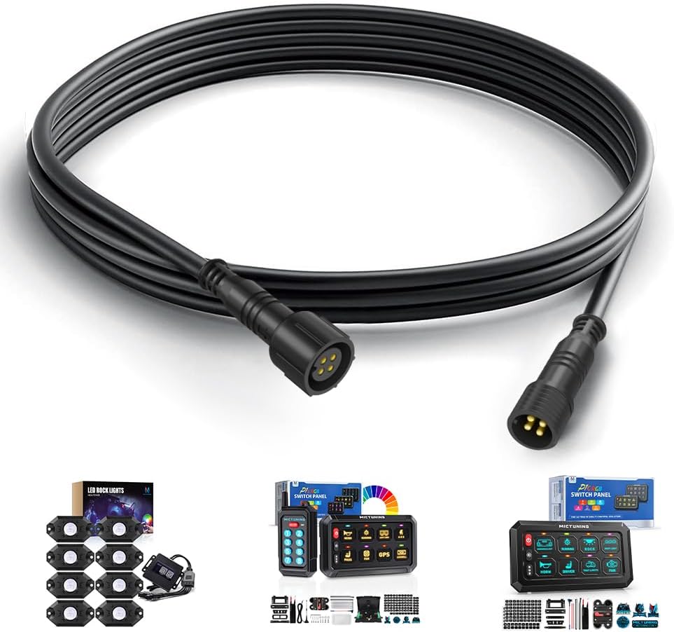 MICTUNING 2PCS 10FT 4 Pin Extension Cables - Exclusive for 2nd-Gen RGB Rock Lights and P1Y P1s P1C P8 Series Switch Panel Connection