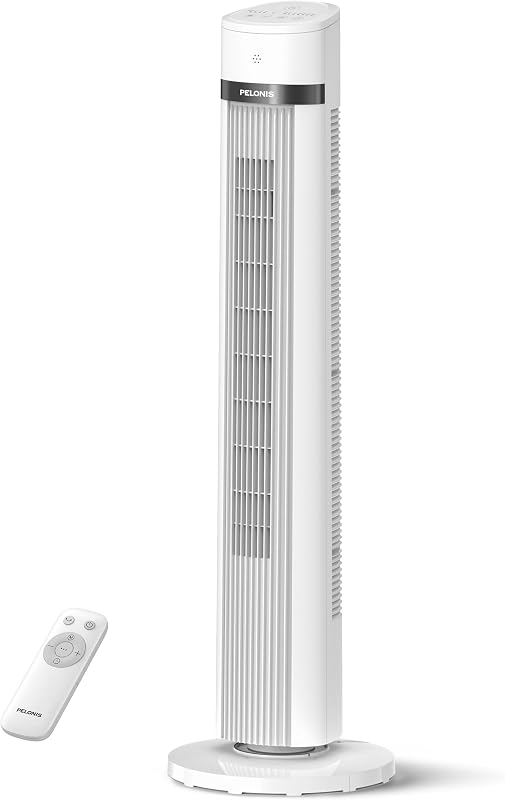 PELONIS Ventilador de torre con oscilación de 90° y 40 pulgadas con control remoto para dormitorio, blanco | Ventilador de refrigeración de pie para sala de estar, dormitorio con 3 velocidades, 3 modos, 26 pies/s, temporizador de 15 horas, pantalla LED, modo ECO, silencioso 27dB