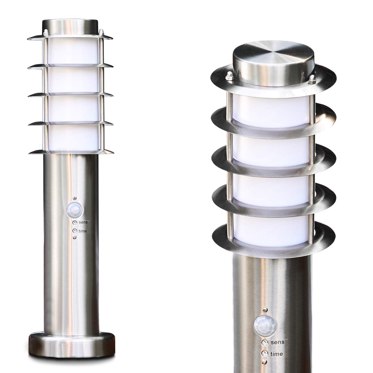 Borne d’éclairage Tunes en acier et plastique étanche avec un détecteur de mouvement, luminaire d'extérieur (IP44) de 45 cm de h