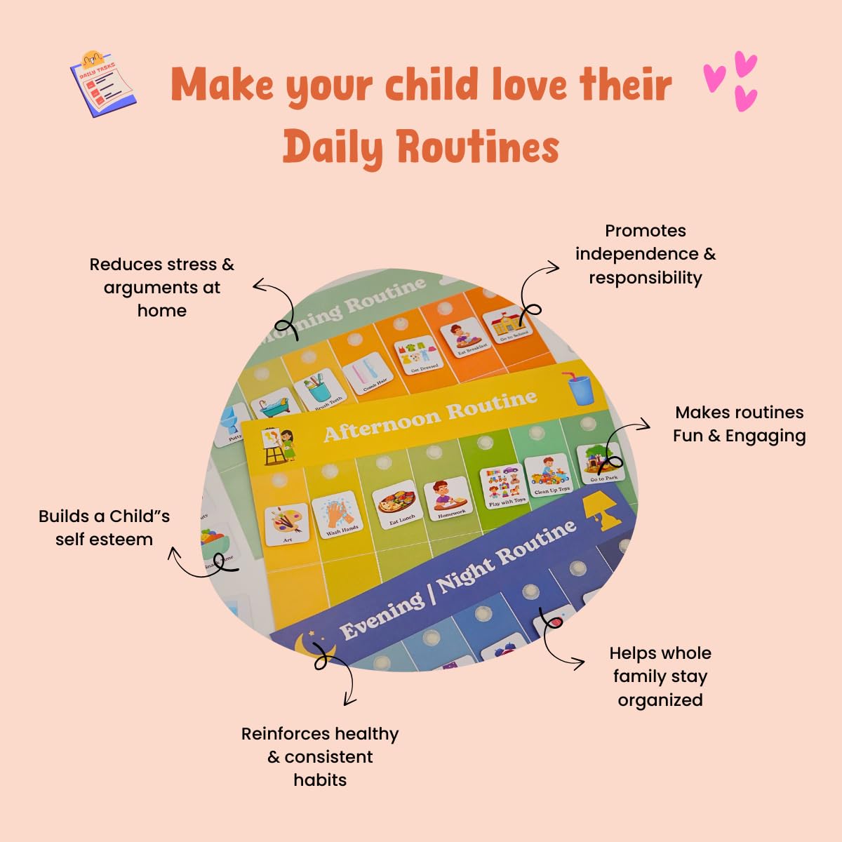 Little Minds at Work Daily Routine Chart for Kids Set of 3 | Morning, Afternoon & Night Routines | 50+ Visual Task Stickers with Velcro | Ages 3-8 | Reusable Done Flaps | Daily Responsibility Chart 3