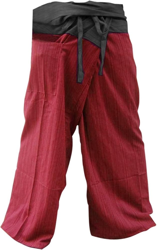 hugde Thai Fisherman Pants Yoga Trousers Free Size Plus Size Cotton Drill Charcoal and Rustic Red Stripe by Hugdethailand