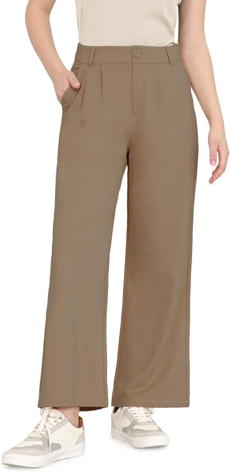 Bamans Dress Pants Wide Leg Work Business Office Casual Slacks Trousers for Curvy Women High Waisted Zipper with Pockets