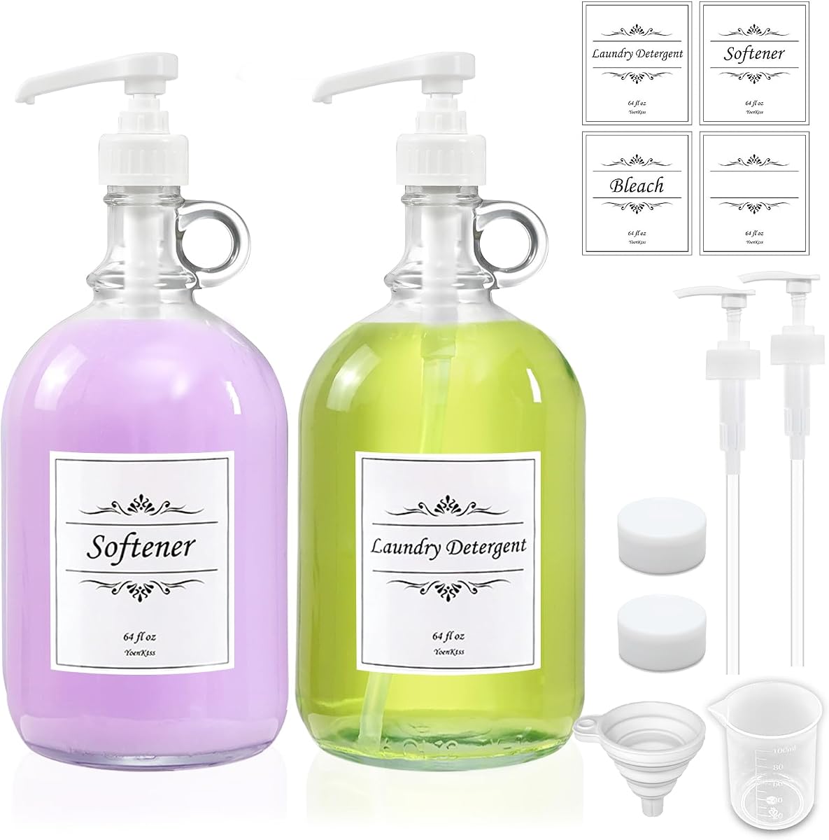 Paquete de 2 dispensadores de detergente para ropa con bomba y tapa, botellas de vidrio de 64 onzas para organización y almacenamiento de lavandería, dispensador de suavizante de telas para lavadora