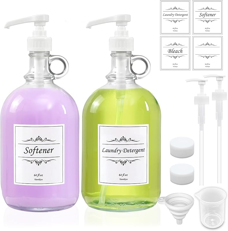 Paquete de 2 dispensadores de detergente para ropa con bomba y tapa, botellas de vidrio de 64 onzas para organización y almacenamiento de lavandería, dispensador de suavizante de telas para lavadora