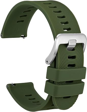 WOCCI 18mm Arched Stripes Silicone Watch Band for Men, Quick Release Strap, Silver Buckle Dark Green