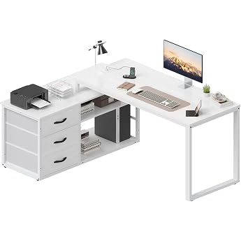 TRIUMPHKEY Schreibtisch l Form mit 3 Schubladen&Stauraum 140 x 105 x 75 cm Reversible Eckschreibtisch L-f rmiger Schreibtisch mit 2 USB-Ladeanschl ssen und 2 Steckdosen Wei