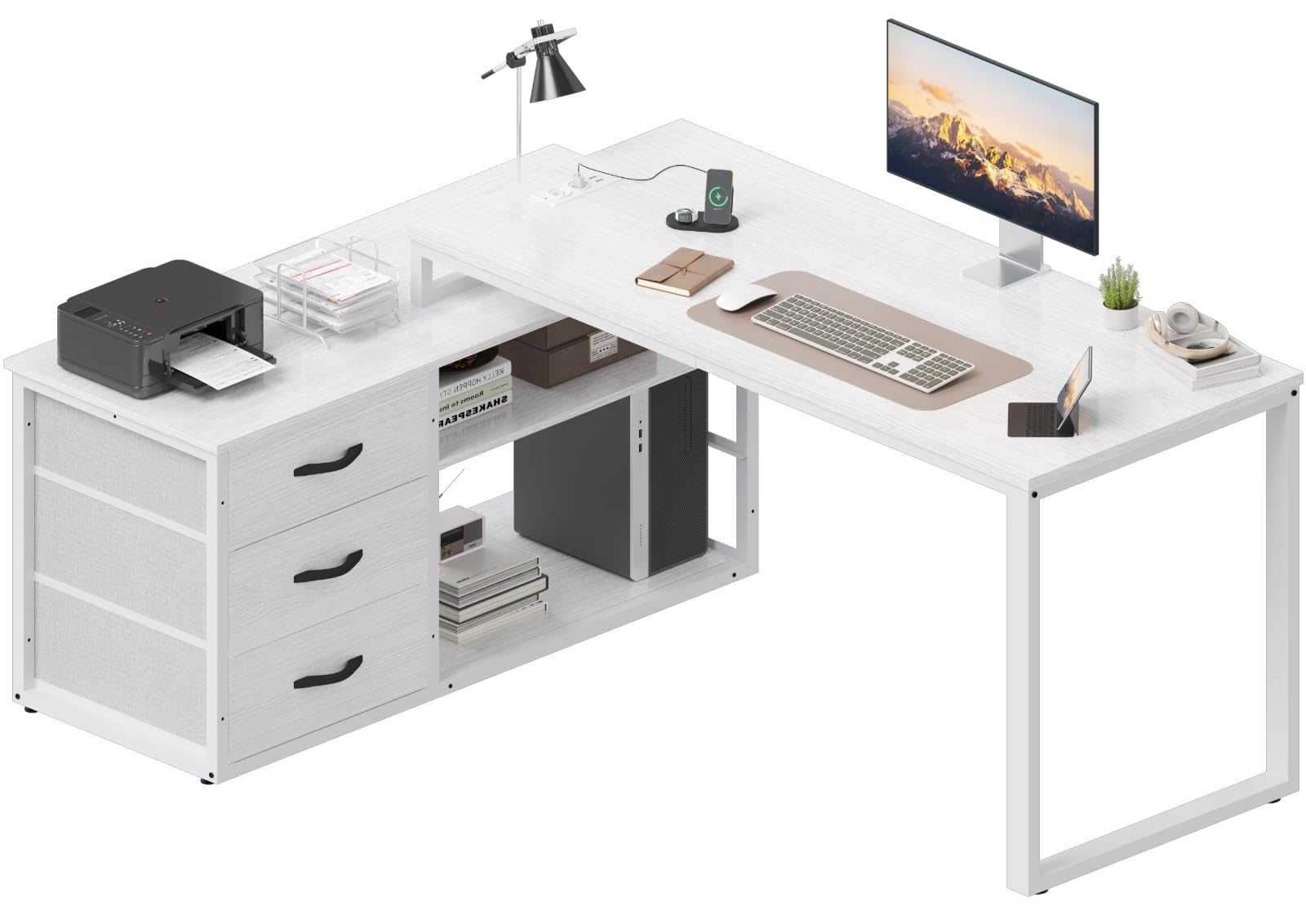 TRIUMPHKEY Schreibtisch l Form mit 3 Schubladen&Stauraum, 140 x 105 x 75 cm Reversible Eckschreibtisch, L-förmiger Schreibtisch mit 2 USB-Ladeanschlüssen und 2 Steckdosen, Weiß