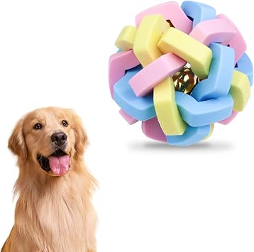 Rubber Balls for Dogs, 8.5 Cm Interactive Dog Ball Colorful Bouncy Rubber Braid Dog Ball with Ring Bell, Bite Resistant Rubber Dog Balls for Cleaning Teeth Training Macaron color