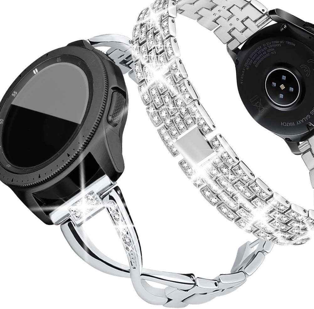 SUPOIX Compatible for Samsung Galaxy Watch 7 6 5 4 40mm 44mm /Galaxy Watch FE 2024/Galaxy Watch 42mm/Galaxy 3 41mm/Active 2 Band, 2 Pack 20mm Women Jewelry Bling Metal Replacement Strap (Silver)