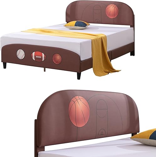Miniatura 9 de Zafly - Marco de cama matrimonial para niños, marco de cama tapizado de madera con soporte de listones, marco de cama para niños con cabecera