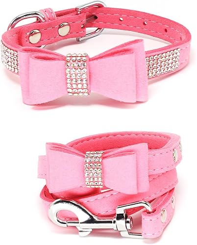 Miniatura 7 de Dazzling - Collar de perro con diamantes de imitación con tela suave y pajarita de cristal, elegante y glamoroso collar para cachorros con correa en