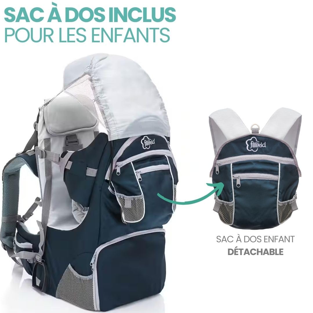 Fillikid Porte-Bébé Dorsal pour Randonnée - Pare-soleil, Ceintures, Compartiments de Rangement - Sac à Dos pour Excursions avec Enfant - jusqu'à 18 kg - Bleu Gris