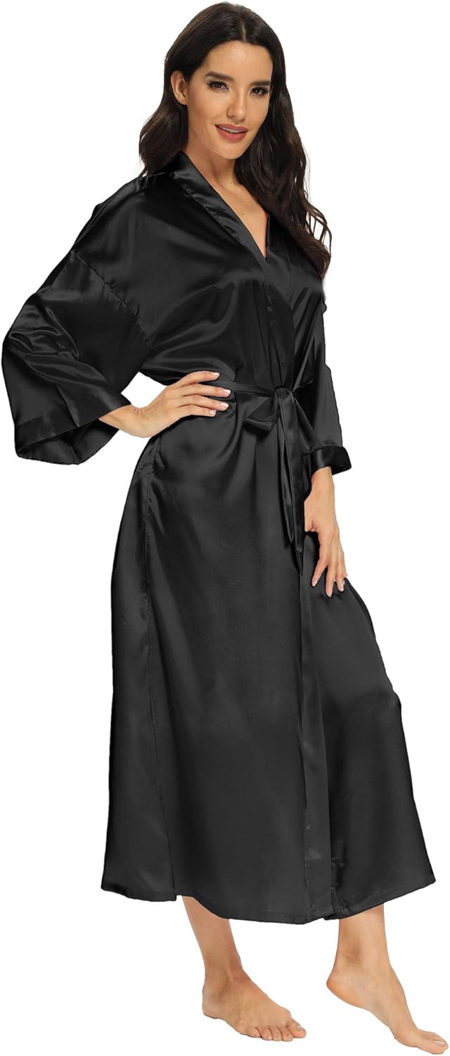 Women's Long Silk Robes Lightweight Long Satin Robes Full Length Sleepwear Dressing Gown
