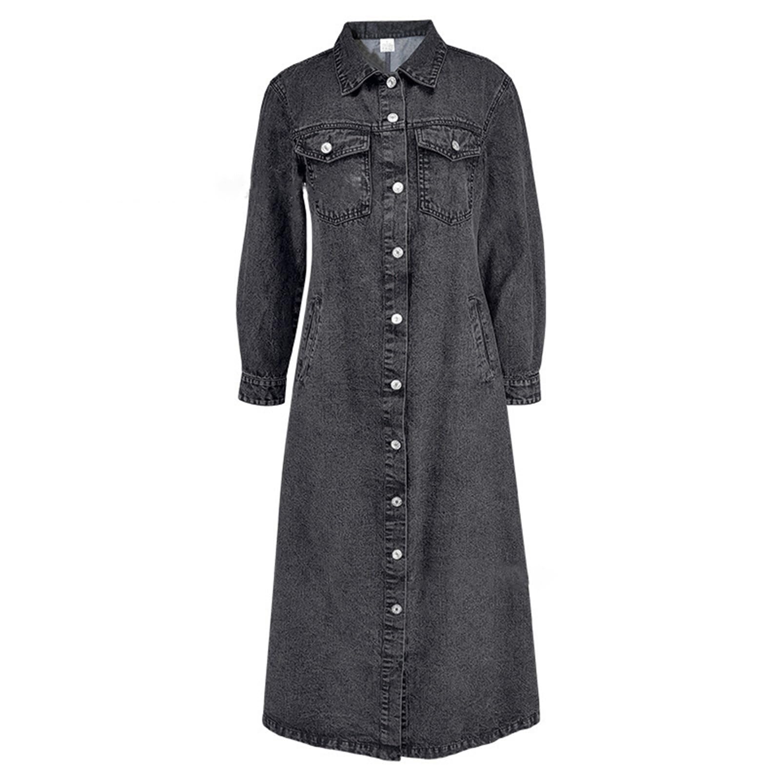 Trench Dżinsowy Długi Damski Klapa Guziki Kurtka Denim Luźna Oversize, Kolor: czarny, 5XL | Wiatroodporny dżins z praktycznymi kieszeniami bocznymi. Łatwe dopasowanie do innych ubrań. Com, idealny do pracy