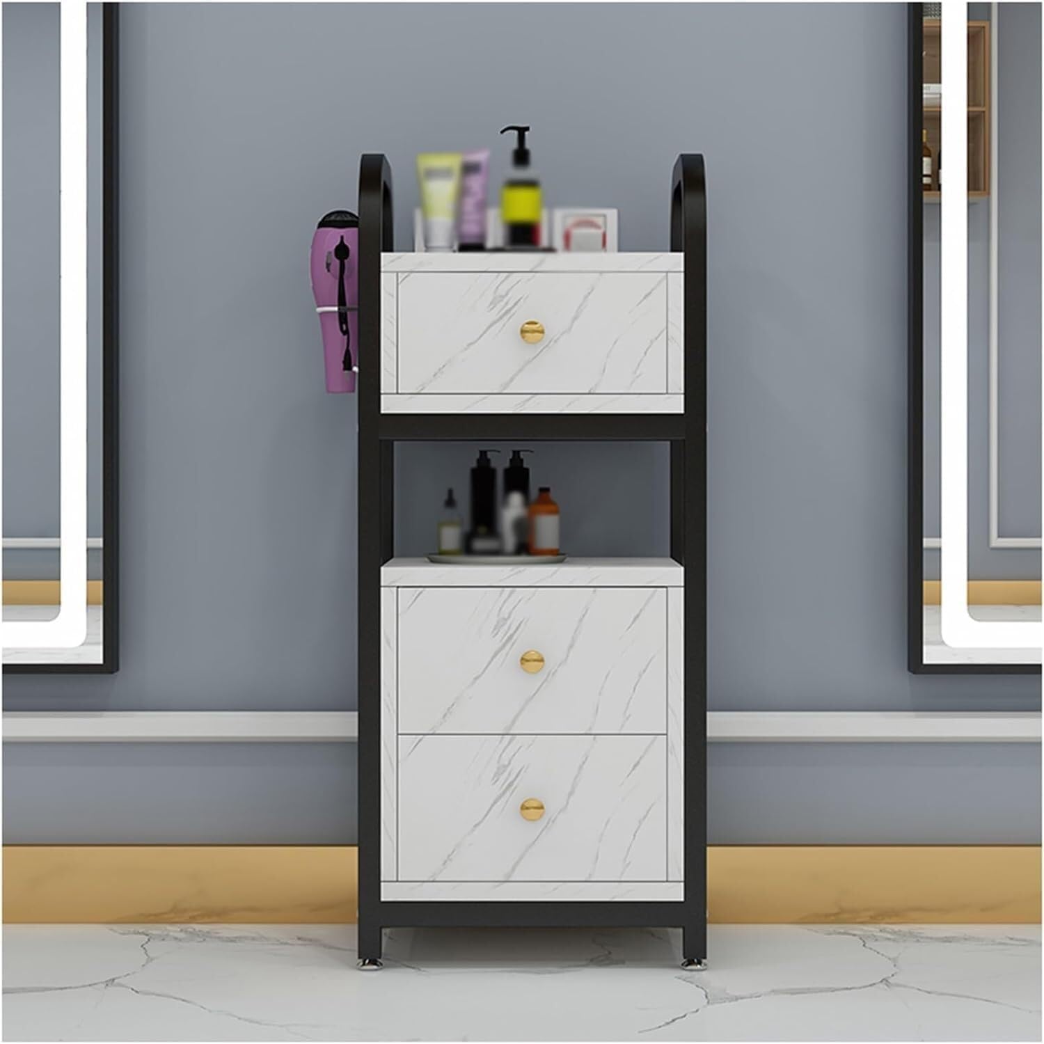 Chariot roulant de salon noir avec armoire pour coiffure et esthétique
