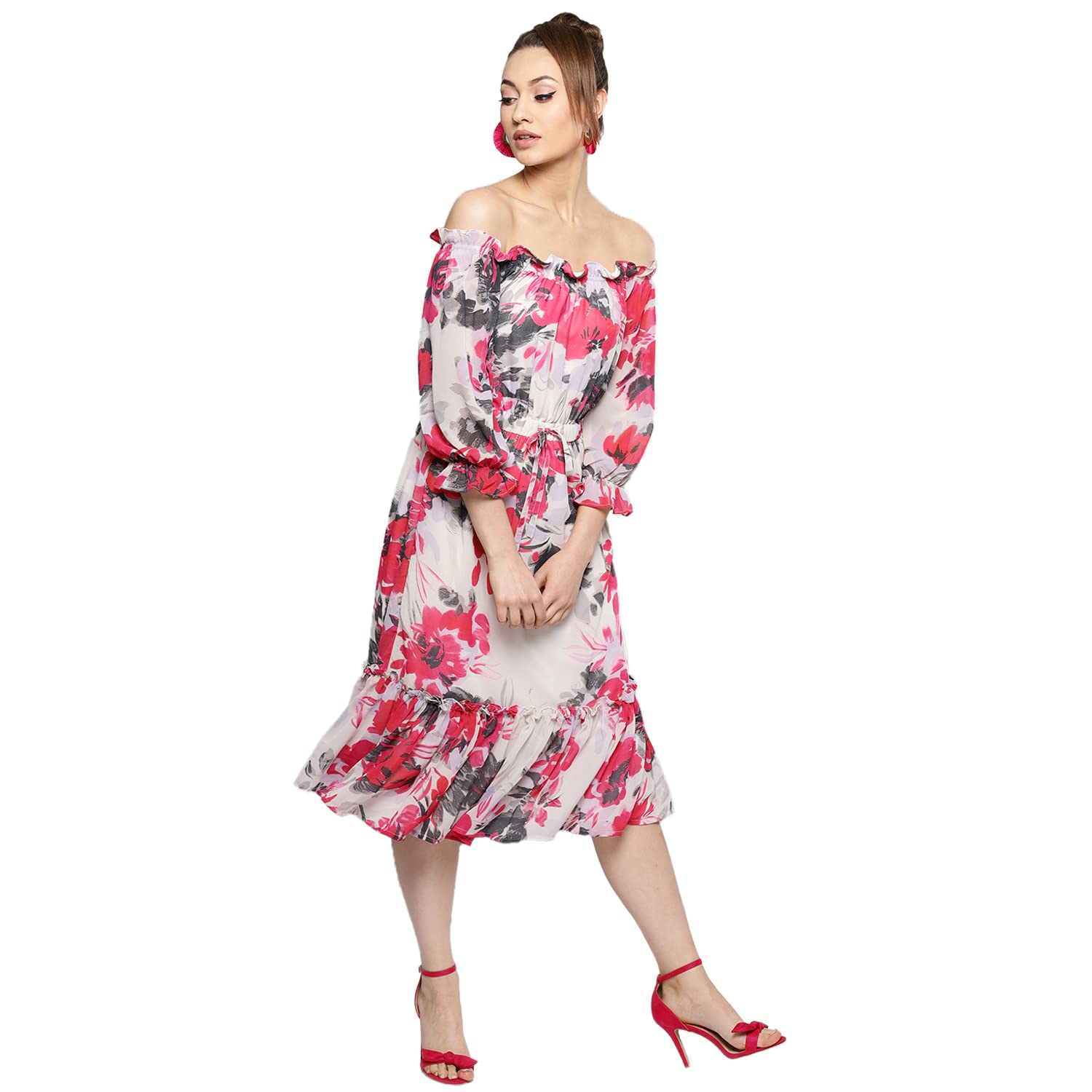 Rare Women's Synthetic A-Line Knee-Long Dress (Ep4161_White & Pink_S)
