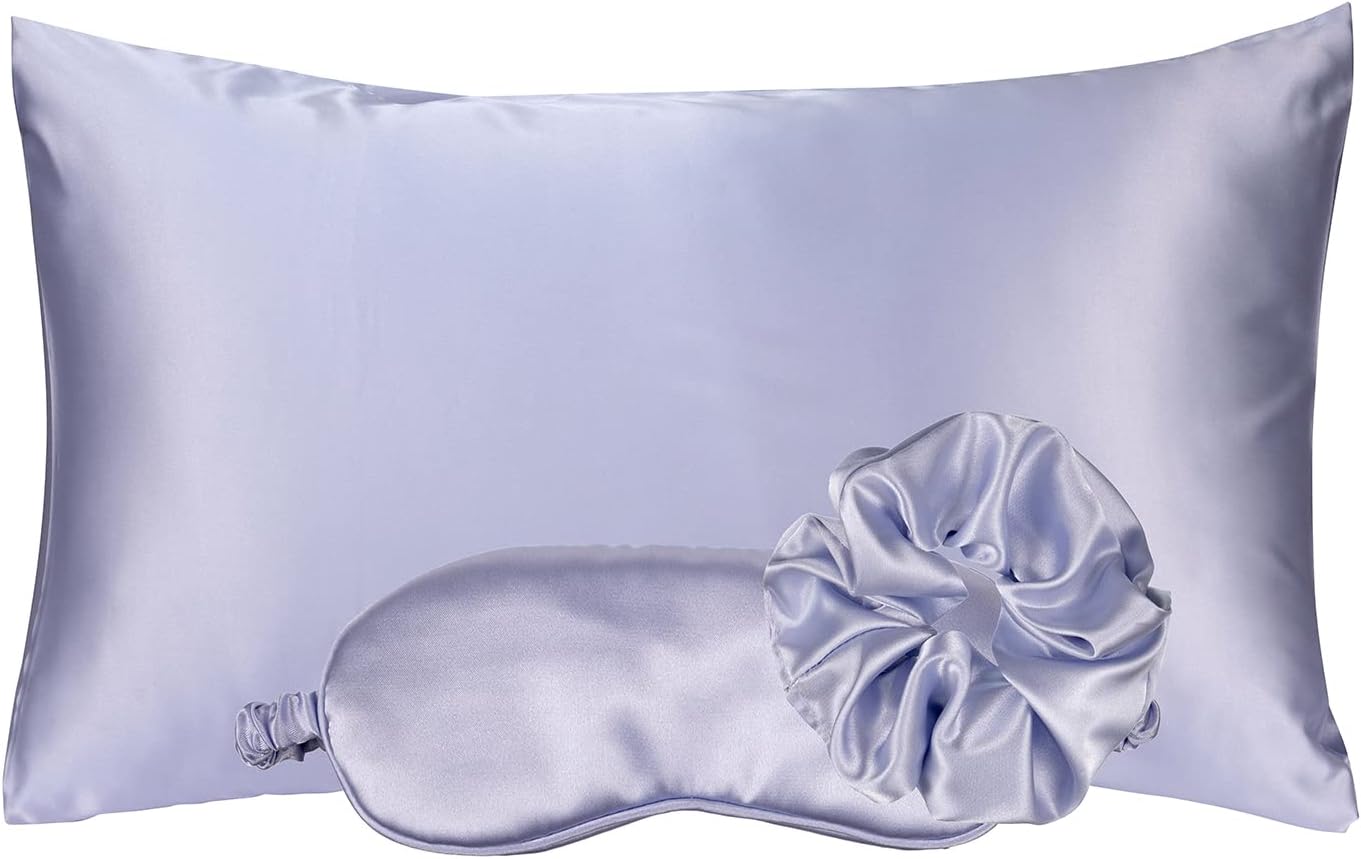 Vegan Silk Sleep Set, Silky Pillowcase with Large Scrunchie and Eye Mask for Hair and Skin, Self Care Essential Satin Night Routine Kit (Purple Color) Vegan Silk Sleep Set, Silky Pillowcase with Large Scrunchie and Eye Mask for Hair and Skin, Self Care Essential Satin Night Routine Kit (Purple Color)