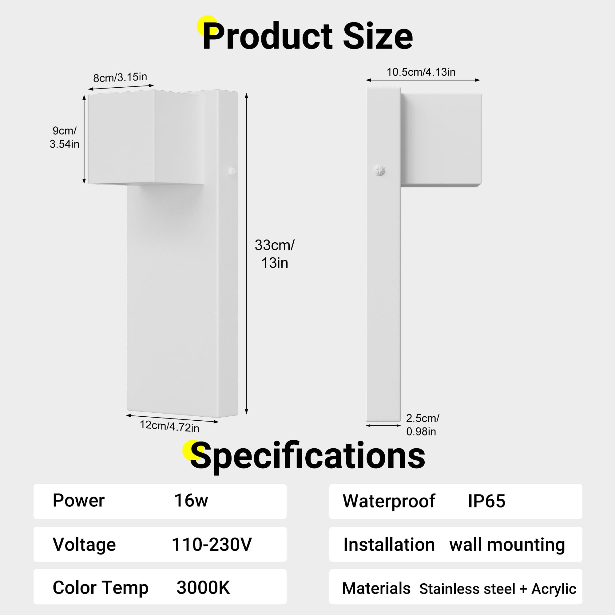 K-Bright LED applique da esterno 16W, 2 pezzi lampada da esterno 3000K bianco caldo IP65 impermeabile | applique in Acciaio Inossidabile per interni/esterni, balcone, giardino| Bianco