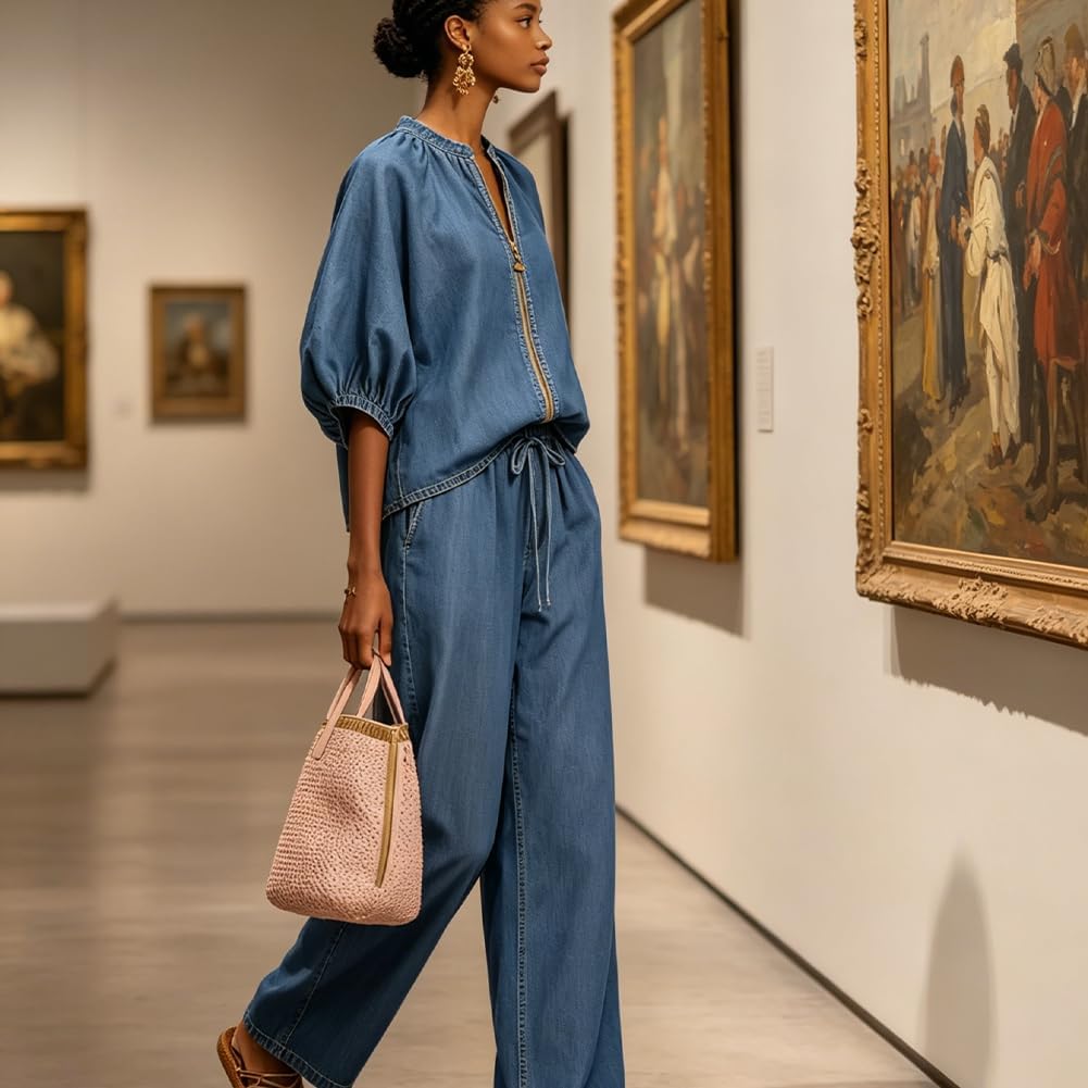 Generisch Elegante set da donna in due pezzi semplice e comodo per la primavera, top con cerniera frontale e pantaloni a gamba larga, abbigliamento sportivo estivo casual e semplice