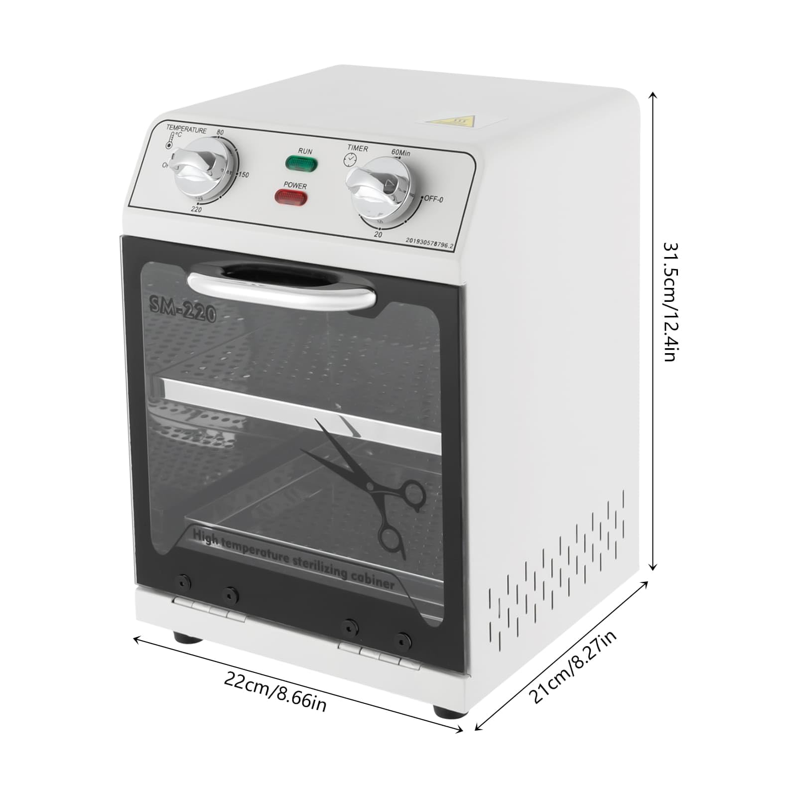 Stérilisateur Haute Température 220 °C Maximale, 8L, Avec Contrôle de la Température et Minuterie 0 à 60 min, Pour Couverts en Inox, Outils de Manucure, Matériel de Coiffure, Blanc