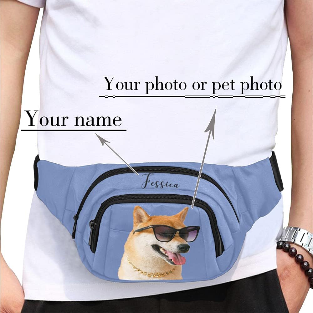 Personalized Fanny Bag for Women Men with Photo Name, Customized Picture Fashion Waist Bag Water Resistant Hip Bum Bag with Adjustable Belt for Travel Hiking Cycling Running (blue)