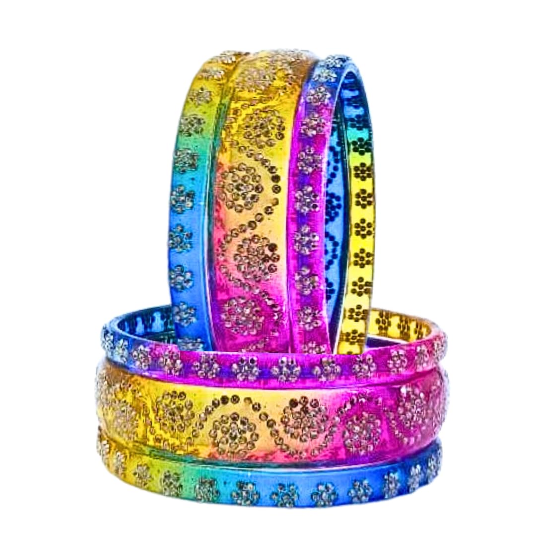 Crystal Borocil Glass Bangle set for Women/Raindrop Kada Bangle Set/Multicolor glossy finished with Silver stonework bangles for women & girls (6Pcs)
